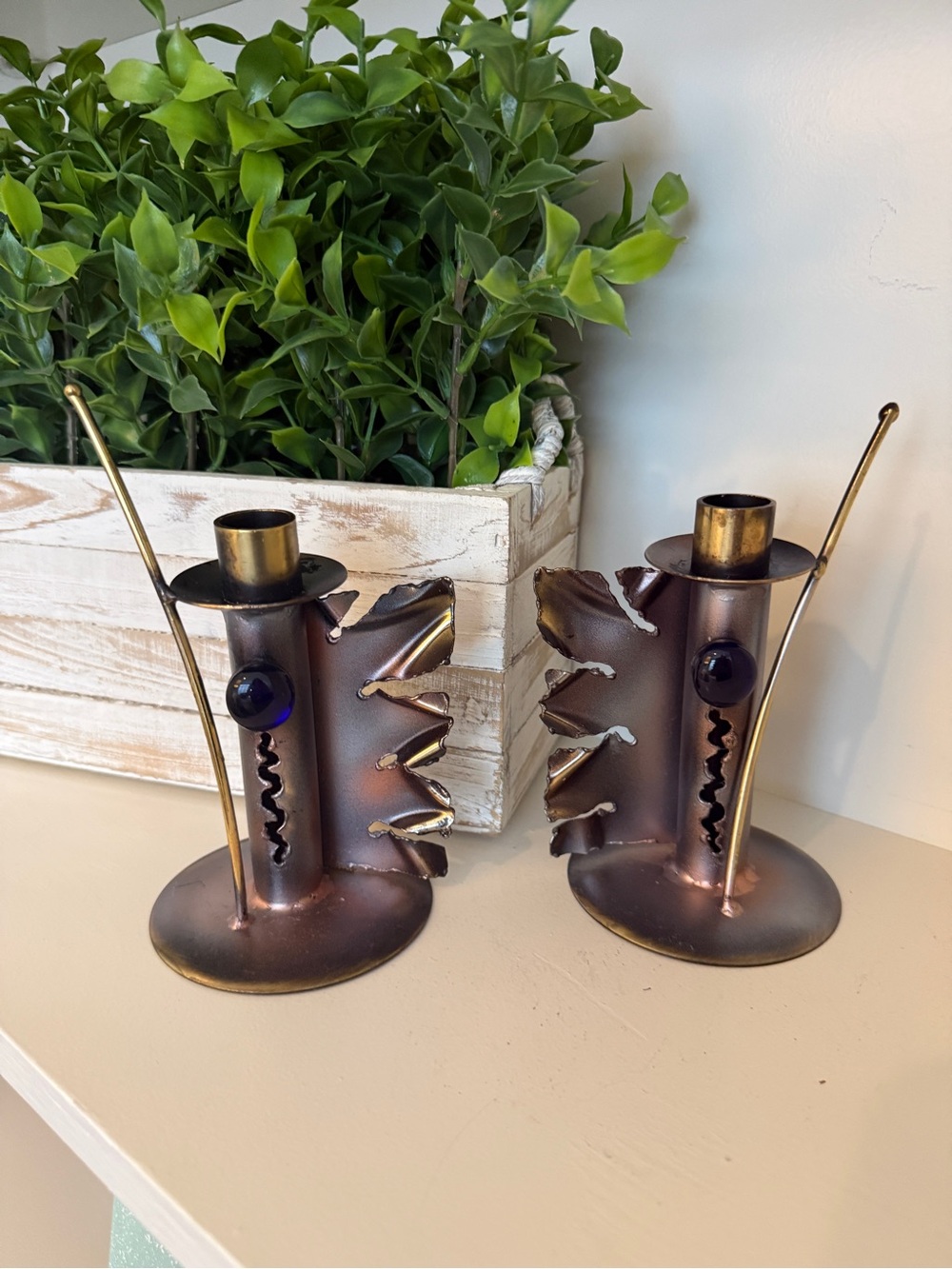 Vintage Brutalist Metal Candlestick Holders Pair Leaf Cobalt Glass MCM Decor